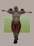  anthro belt bottomwear chest_wraps clothing female gesture gulonine hi_res looking_at_viewer mammal midriff muscular mustelid musteline pants robertracoon scar simple_background solo staff v_sign wolverine wraps 