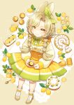  1girl animal_ears ankle_boots aona_(noraneko) blonde_hair boots bow bow_hairband braid cake collared_shirt cup curtained_hair dark_skin doily flower food food-themed_clothes footwear_bow fruit full_body green_hairband green_ribbon green_skirt hair_bow hairband high_heel_boots high_heels highres holding holding_cup invisible_chair jacket jam jar leaf lemon lemon_blossoms lemon_slice long_hair long_sleeves looking_at_viewer marmalade mousse_(food) muffin neck_ribbon original pastry pleated_skirt polka_dot polka_dot_bow pound_cake puffy_long_sleeves puffy_sleeves rabbit_ears rabbit_girl ribbon sailor_collar shirt sitting skirt smile solo spoon striped striped_skirt suspender_skirt suspenders swept_bangs tart_(food) tea teacup twin_braids two-tone_skirt white_bow white_flower white_shirt yellow_background yellow_bow yellow_eyes yellow_jacket yellow_sailor_collar yellow_skirt 