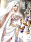  1girl black_blindfold blindfold blonde_hair blurry blurry_background breasts bridal_gauntlets covered_eyes covered_nipples dress goblin_slayer! habit highres holding holding_sword holding_weapon impossible_clothes large_breasts long_hair open_mouth priestess sideless_outfit sword sword_maiden weapon white_dress zinfian 