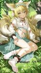  1girl animal_ears arknights blonde_hair blood blood_on_leg blurry bow bowtie bruise chain clothes_lift commentary_request depth_of_field devil_heavens forest fox_ears fox_girl fox_tail grass green_eyes hair_between_eyes hairband highres injury kitsune kyuubi lifted_by_self lolita_hairband long_hair long_sleeves looking_at_viewer multicolored_hair multiple_tails nature navel official_alternate_costume outdoors parted_lips red_bow red_bowtie shirt sidelocks sitting skirt skirt_lift socks soles solo stomach suzuran_(arknights) suzuran_(spring_praise)_(arknights) tail toes torn_clothes tree two-tone_hair white_shirt white_socks 