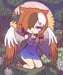  1girl animal_ears animal_feet bare_shoulders bird_legs bird_wings blue_skirt brown_hair brown_wings chibi claws colored_inner_hair commission estelle_(cieluscian) feathered_wings flower full_body full_moon grass grey_sweater hair_ornament hair_over_one_eye hair_over_shoulder hair_scrunchie half-harpy hand_up high-waist_skirt highres kneeling kowakawa_kaeru long_hair looking_at_viewer low-tied_long_hair monster_girl moon multicolored_hair night night_sky non-web_source original outdoors plant purple_eyes purple_hair scrunchie side_slit skeb_commission skirt sky solo streaked_hair sweater turtleneck turtleneck_sweater white_flower white_hair white_wings wings 