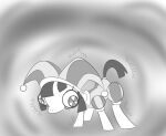  clothing crossover derp_eyes equid equine female feral fool&#039;s_hat friendship_is_magic greyscale hasbro hat headgear headwear horse jester mammal monochrome my_little_pony partlysmith pomni_(the_amazing_digital_circus) pony solo the_amazing_digital_circus 