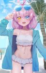  1girl :d absurdres ahoge baikinman640 beach bikini blue_archive blue_eyes blue_jacket breasts character_name collarbone eyewear_on_head fang frilled_bikini frills halo heterochromia highres hoshino_(blue_archive) hoshino_(swimsuit)_(blue_archive) jacket long_hair long_sleeves looking_at_viewer navel ocean official_alternate_costume open_clothes open_jacket open_mouth outdoors palm_tree skin_fang small_breasts smile solo standing sunglasses swimsuit tree white_bikini yellow_eyes 