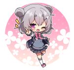  1girl ;d black_jacket black_skirt bow chibi collared_shirt commentary_request double_bun floral_background flower full_body grey_hair hair_between_eyes hair_bun hair_flower hair_ornament hairclip highres jacket koharu_rikka letterman_jacket long_sleeves looking_at_viewer milkpanda notice_lines one_eye_closed open_clothes open_jacket outstretched_arm pink_background pink_bow pink_footwear pleated_skirt purple_eyes ribbed_legwear round_image school_uniform shirt shoes short_eyebrows skirt smile socks solo sweater_vest synthesizer_v thick_eyebrows two-tone_background v white_background white_flower white_shirt white_socks 