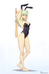  1girl alternate_costume armpits arms_up bare_legs barefoot baseball_bat black_leotard breasts byleth_(female)_(fire_emblem) byleth_(fire_emblem) cleavage_cutout clothing_cutout commentary_request covered_navel feet fire_emblem fire_emblem:_three_houses full_body green_eyes green_hair groin heel_up highres holding holding_baseball_bat legs leotard long_hair medium_breasts phrecklesart playboy_bunny solo standing strapless strapless_leotard thighs toes 