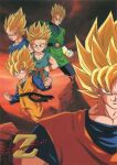  1990s_(style) aqua_eyes blonde_hair clenched_hands copyright_name day dougi dragon_ball dragon_ball_z father_and_son gloves highres long_sleeves looking_at_viewer male_focus muscular muscular_male non-web_source official_art outdoors retro_artstyle saiyan scan serious smile son_gohan son_goku son_goten spiked_hair super_saiyan super_saiyan_1 trunks_(dragon_ball) vegeta widow&#039;s_peak wristband 