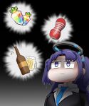  1girl alcohol beer beer_bottle beer_mug blazer blue_archive c/h collared_shirt cup english_commentary gem hair_ornament halo highres imagining jacket korean_commentary long_hair mixed-language_commentary mug necktie parted_bangs purple_eyes purple_hair school_uniform shirt sidelocks solo tenga thought_bubble two_side_up 