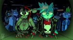  anthro big_breasts blue_body blue_fur breasts cigarette cleavage clothed clothing collar domestic_cat felid feline felis female fur goth hi_res lagomorph leporid male mammal public rabbit smoking zombieray10 