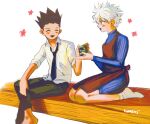  2boys absurdres bishounen blush closed_eyes couple cup gon_freecss green_hair highres husband_and_husband iwakki killua_zoldyck male_focus malewife multiple_boys necktie shirt short_hair signature simple_background sitting smile socks spiked_hair tea white_hair white_shirt yaoi 