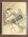  1boy black_hair chair classroom desk green_eyes hekicha highres kabe_taijin long_sleeves looking_at_viewer male_focus on_chair paripi_koumei school_chair school_desk school_uniform shirt short_hair sitting table traditional_media white_shirt 