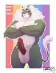  2023 anthro artist_logo artist_name baddonut balls biceps bisexual_pride_colors bodily_fluids bodypaint crossed_arms deltoids english_text erection face_paint felid fur genital_fluids genitals green_body green_fur hair hi_res leaking_precum leo_(baddonut) lgbt_pride lion logo looking_at_genitalia looking_at_penis looking_down male mammal mane multicolored_body multicolored_fur musclegut muscular muscular_anthro muscular_male navel nude pantherine penis precum pride_colors pubes rainbow_flag rainbow_pride_flag rainbow_symbol red_eyes solo standing tail tail_tuft text tuft two_tone_body two_tone_fur white_body white_fur white_hair 