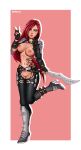  1girl absurdres breasts full_body green_eyes highres katarina_(league_of_legends) large_breasts league_of_legends lipstick long_hair makeup nipples non-web_source pussy red_hair scar tattoo torn_clothes wide_hips 
