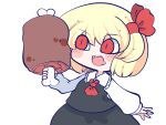  1girl ascot black_skirt black_vest blonde_hair blush boned_meat chahan_(fried_rice0614) chibi collared_shirt drooling fangs food frilled_shirt_collar frills hand_up holding holding_food hungry long_sleeves looking_at_object meat mouth_drool open_mouth outstretched_arm puffy_sleeves red_ascot red_eyes red_ribbon ribbon rumia shirt short_hair simple_background skirt solo touhou vest white_background white_shirt 