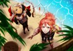  2girls beach braid capelet fire_emblem fire_emblem_fates from_above looking_at_viewer looking_up low_twin_braids multiple_girls nina_(fire_emblem) outdoors pink_hair red_capelet sakudrew soleil_(fire_emblem) twin_braids water 