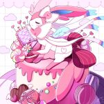 blush bow bowtie cake candy chocolate closed_eyes closed_mouth flower food frilled_bow frills grid_background heart heart-shaped_chocolate macaron mochopaccho pink_bow pink_bowtie pink_ribbon plate pokemon pokemon_(creature) ribbon sweets sylveon wafer_stick whipped_cream 