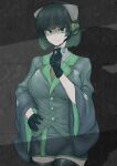  1girl absurdres adapted_costume black_gloves black_thighhighs breasts brown_necktie closed_mouth collared_shirt commentary_request cowboy_shot crack_of_light gloves green_eyes green_hair green_jacket grey_shirt hand_on_own_hip hand_up headgear headset highres jacket kyoumachi_seika large_breasts long_sleeves looking_at_viewer miazuma_sarin miniskirt necktie pencil_skirt shadow shirt skirt smile solo thighhighs turtleneck voiceroid wall wide_sleeves 