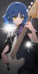  1girl absurdres backlighting bass_guitar black_shirt blue_hair blue_skirt bocchi_the_rock! closed_mouth commentary_request copyright_name cowboy_shot electric_guitar green_eyes guitar hand_up highres holding holding_instrument instrument kessoku_band_t-shirt looking_at_object mole mole_under_eye music playing_instrument pleated_skirt sentter shirt shirt_tucked_in short_hair short_sleeves skirt solo standing yamada_ryo 