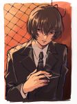  1boy black_eyes border brown_hair chain-link_fence cigarette collared_shirt fence formal hair_between_eyes highres hitomi_hirosuke_(sayonara_wo_oshiete) holding holding_cigarette male_focus necktie ngron027 parted_lips sayonara_wo_oshiete shirt short_hair sketch smoking solo suit twilight upper_body white_border 