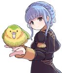  1girl bird bird_on_hand blue_hair blunt_bangs braid commentary_request crown_braid eyelashes fire_emblem fire_emblem:_three_houses garreg_mach_monastery_uniform grey_eyes highres kakapo kutabireta_neko light_smile marianne_von_edmund medium_hair simple_background solo white_background 