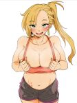  1girl 41_(taskmaster41) blonde_hair breasts calamity_jane_(fate) facial_mark fate/grand_order fate_(series) large_breasts long_hair looking_at_viewer navel side_ponytail smile sports_bra star_(symbol) star_facial_mark star_tattoo stomach_tattoo tattoo 