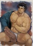  1boy abs bara bare_pectorals black_clover black_hair clothing_aside cum cumdrip erection feet_out_of_frame fundoshi fundoshi_aside girthy_penis goatee_stubble grabbing_own_pectoral hachimaki headband highres japanese_clothes kimono large_pectorals male_focus mature_male muscular muscular_male mustache_stubble navel nipples official_alternate_costume open_clothes open_kimono pectorals penis robokeh short_hair sideburns sitting smirk solo testicles thick_thighs thighs uncensored veins veiny_arms yami_sukehiro 
