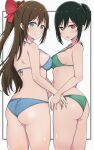  2girls absurdres ass bikini black_hair blue_bikini blue_eyes bow breast_press breasts brown_hair green_bikini hair_between_eyes hair_bow highres long_hair looking_at_viewer love_live! love_live!_nijigasaki_high_school_idol_club medium_breasts mifune_shioriko multiple_girls open_mouth ousaka_shizuku red_eyes short_hair side-tie_bikini_bottom sideboob simple_background smile strap_gap swimsuit symmetrical_docking wewe white_background 