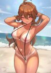  1girl ^_^ ahoge areola_slip armpits arms_up beach blush breasts brown_hair c_(theta) cleavage closed_eyes collarbone groin highres idolmaster idolmaster_million_live! large_breasts multicolored_clothes navel outdoors patterned_clothing signature slingshot_swimsuit smile solo stomach swimsuit tan tanlines thigh_gap tokoro_megumi 