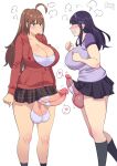 2girls ahoge angry ball_bra breasts brown_hair erection flustered futa_with_futa futanari green_eyes kamiya_midori large_breasts large_penis large_testicles long_hair miniskirt multiple_girls original penis penis_size_difference ponytail purple_hair simple_background skirt standing testicles thighs tzuyin_hsieh uncensored white_background zheng 