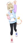  1boy :o ahoge animal_ears asymmetrical_footwear black_pants blonde_hair blue_footwear cat_boy cat_tail converse english_commentary fake_animal_ears fake_tail fingerless_gloves full_body gloves green_eyes hair_between_eyes highres laphicet_(tales) long_sleeves male_child male_focus mismatched_footwear official_alternate_costume official_art open_mouth pants pink_footwear shoelaces shoes solo tail tales_of_(series) tales_of_asteria tales_of_berseria transparent_background 