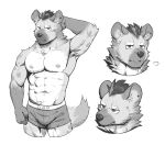  2023 anthro areola arknights bulge clothed clothing fur glinfoxart hair hi_res hyena hypergryph male mammal monochrome muscular muscular_anthro muscular_male solo spot_(arknights) spotted_hyena studio_montagne tail underwear underwear_only 