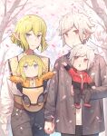  2boys 2girls alternate_costume bell_cranel blonde_hair blue_eyes braid cherry_blossoms child closed_mouth coat day dungeon_ni_deai_wo_motomeru_no_wa_machigatteiru_darou_ka female_child hair_between_eyes highres holding holding_baby holding_hands jacket long_hair long_sleeves looking_at_viewer male_child multiple_boys multiple_girls niceumeboshi open_mouth outdoors pants petals pointy_ears red_eyes ryu_lion shirt short_hair smile tree walking white_hair 