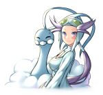  1girl altaria blue_bodysuit blush bodysuit breasts cleavage cleavage_cutout closed_mouth clothing_cutout from_side helmet highres long_hair long_sleeves looking_at_viewer pinguinkotak pokemon pokemon_(creature) pokemon_oras purple_eyes purple_hair smile white_background winona_(pokemon) 