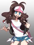  1girl bag baseball_cap blue_eyes breasts brown_hair collarbone cowboy_shot denim denim_shorts exposed_pocket gradient_background hand_on_own_hip hat highres hilda_(pokemon) looking_at_viewer messenger_bag missandydandy open_mouth poke_ball poke_ball_(basic) pokemon pokemon_(game) pokemon_bw ponytail shirt shorts shoulder_bag solo white_shirt wristband 