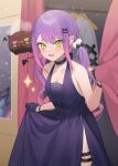  1girl bare_shoulders bibi_(tokoyami_towa) black_gloves blush breasts choker cleavage clothes_hanger dress ear_piercing gloves green_eyes hair_ornament hairclip highres hololive jmao long_hair looking_at_viewer open_mouth piercing pointy_ears purple_dress purple_hair sleeveless sleeveless_dress solo tokoyami_towa twintails virtual_youtuber 