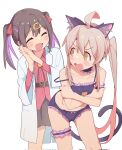  2girls @_@ ahoge animal_ears bbq5880 black_hair black_skirt blush bra breasts cat cat_cutout cat_ears cat_lingerie cat_tail cleavage_cutout closed_eyes clothing_cutout coat fake_animal_ears frills gradient_hair grey_hair hair_between_eyes hair_ornament hair_ribbon hairclip highres lab_coat long_hair meme_attire multicolored_hair multiple_girls off_shoulder onii-chan_wa_oshimai! open_clothes open_coat open_mouth orange_eyes own_hands_together oyama_mahiro oyama_mihari panties purple_hair red_hair red_ribbon red_shirt ribbon shirt simple_background skirt small_breasts tail twintails underwear white_background white_coat 