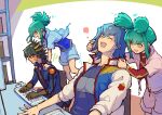  1girl 3boys absurdres black_hair black_shirt blue_eyes blue_hair blue_jacket blue_shirt blue_shorts box brown_gloves bruno_(yu-gi-oh!) chair closed_eyes day elbow_pads facial_mark facial_tattoo fudou_yuusei gloves green_hair hands_on_another&#039;s_shoulders happy head_back high_collar high_ponytail highres indoors jacket jumping keyboard_(computer) laughing layered_sleeves long_sleeves lua_(yu-gi-oh!) luca_(yu-gi-oh!) male_focus mouse_(computer) multicolored_hair multiple_boys on_chair open_clothes open_jacket open_mouth ponytail red_shirt serious shelf shirt short_hair short_ponytail short_sleeves shorts sidelocks sitting sleeves_rolled_up spiked_hair standing streaked_hair t-shirt tattoo turtleneck typing white_jacket white_shorts wristband youko-shima yu-gi-oh! yu-gi-oh!_5d&#039;s 