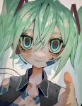  1girl bandaid bandaid_on_cheek bandaid_on_face closed_mouth collared_shirt commentary_request green_eyes green_hair grey_shirt hair_between_eyes hair_ornament hatsune_miku highres long_hair looking_at_viewer mushi_buuun open_clothes open_shirt reaching reaching_towards_viewer shirt sleeveless sleeveless_shirt smile solo twintails upper_body vocaloid 