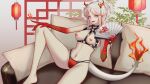  1girl absurdres arknights breasts charlie_purrito colored_skin dragon_girl hand_fan highres holding holding_fan looking_at_viewer nian_(arknights) pointy_ears purple_eyes sitting solo tail white_hair 