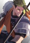 1boy absurdres achilles_(fate) armor blurry clenched_teeth depth_of_field eye_trail fate/apocrypha fate_(series) fighting_stance green_hair haruakira highres light_trail looking_at_viewer male_focus mature_male orange_sash pauldrons polearm shoulder_armor simple_background solo teeth undercut weapon white_background yellow_eyes 