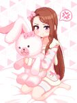  1girl :t anger_vein argyle argyle_background blush brown_hair hair_ribbon holding hotshosho idolmaster idolmaster_(classic) idolmaster_million_live! idolmaster_million_live!_theater_days long_hair minase_iori on_bed pajamas pink_background pink_pajamas pink_ribbon pixel_art polka_dot polka_dot_ribbon red_eyes ribbon simple_background sitting solo speech_bubble stuffed_animal stuffed_rabbit stuffed_toy tears wariza 