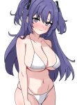  1girl absurdres bikini blue_archive blue_eyes blush breasts cleavage closed_mouth hair_ornament heart heart-shaped_pupils highres large_breasts long_hair looking_at_viewer navel purple_hair short_twintails simple_background solo standing swimsuit symbol-shaped_pupils tori_no_shigure_ni twintails white_background white_bikini yuuka_(blue_archive) 