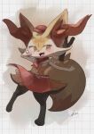  1girl absurdres animal_ear_fluff animal_ears animal_feet animal_nose apron arms_up artist_name black_fur blush blush_stickers body_fur braixen cabbie_hat clothed_pokemon commentary_request fangs feet flat_chest fox_ears fox_girl fox_tail full_body furry furry_female happy hat highres ikei looking_at_viewer multicolored_fur neck_fur neckerchief open_mouth outstretched_arm poke_ball_symbol pokemon pokemon_(creature) pokemon_cafe_mix red_apron red_eyes red_headwear red_neckerchief red_ribbon ribbon signature skin_fangs smile solo standing stick tail tongue waist_apron white_fur yellow_fur 