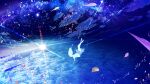 1girl absurdres blue_theme cloud dress falling highres long_hair makoron117117 midair original petals scenery sky solo space star_(sky) starry_sky sun sunset 