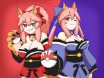  2girls animal_ear_fluff animal_ears animal_hands bare_shoulders bell blue_kimono blue_ribbon blush breasts cat_paws cleavage collar detached_sleeves fate/grand_order fate_(series) fox_ears fox_girl fox_tail gloves hair_ribbon highres japanese_clothes jingle_bell keita_naruzawa kimono large_breasts looking_at_viewer multiple_girls neck_bell one_eye_closed paw_gloves pink_hair poke_ball ponytail red_kimono red_ribbon ribbon split_ponytail tail tamamo_(fate) tamamo_cat_(fate) tamamo_no_mae_(fate/extra) yellow_eyes 