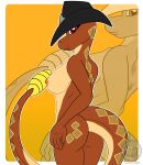  2017 alternate_color anthro areola big_breasts blowup_background breasts brown_body brown_scales brown_skin butt clothing countershade_tail countershade_torso countershading cowboy_hat digital_media_(artwork) dyma_(justathereptile) female hat headgear headwear hi_res justathereptile looking_at_viewer markings nipples non-mammal_breasts non-mammal_nipples nude orange_areola orange_nipples pit_viper pose rattle_(anatomy) rattlesnake red_eyes reptile scales scalie simple_background smile snake solo tail tan_markings viper watermark yellow_background 
