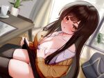  1girl :o asmr bag black_skirt black_thighhighs blue_eyes blush breasts brown_eyes brown_hair cardigan cleavage clothes_lift coffee_table collared_shirt commentary_request cup curtains dress_shirt dutch_angle highres ikeko_kei indoors large_breasts lifted_by_self long_hair long_sleeves looking_at_viewer miniskirt mug no_bra off_shoulder open_clothes open_shirt orange_cardigan original panties pleated_skirt school_bag school_uniform shirt skirt skirt_lift solo swept_bangs table thighhighs thighs underwear very_long_hair white_shirt window wing_collar 