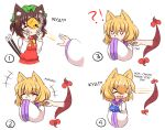  !? &gt;_&lt; 3girls animal_ears blonde_hair bow bowtie cat_ears cat_girl cat_tail cheese chen commentary english_commentary english_text food fox_ears fox_girl gap_(touhou) green_headwear hat jungleboyayaya mob_cap multiple_girls multiple_tails o_o short_hair simple_background tabard tail touhou two_tails white_background yakumo_ran yakumo_yukari yellow_bow yellow_bowtie 