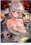  1girl absurdres autumn_leaves bare_shoulders blush breasts closed_mouth collarbone green_eyes grey_hair highres hololive large_breasts looking_at_viewer onsen partially_submerged scan shirogane_noel short_hair simple_background towel towerl virtual_youtuber watao water 