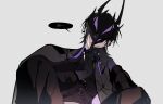  1boy 3000x4500 black_hair bondage_outfit earrings eye_mask highres jewelry long_hair looking_at_viewer male_focus original purple_hair 