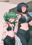  black_hair bottle breast_envy breasts flytrapxx fubuki_(one-punch_man) green_eyes green_hair height_difference highres large_breasts medium_support_(meme) meme one-punch_man short_hair small_breasts sweatband tatsumaki toned towel water_bottle 